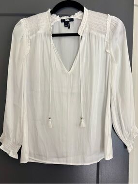 PAIGE White Smocked Yoke V‑Neck Blouse with Tassel Ties